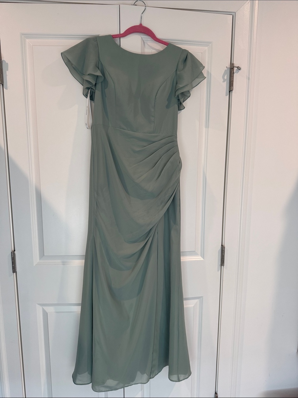 JJs House Sage Green Flutter Sleeve Draped Gown